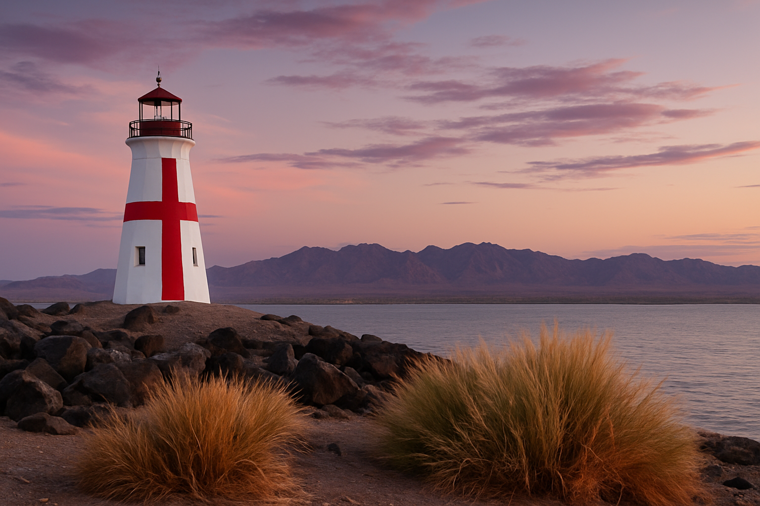 Lighthouse on a lakeshore at dusk